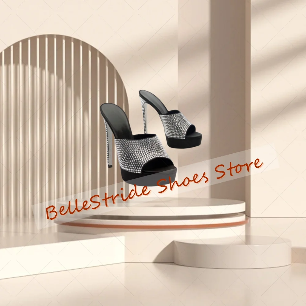 

Black Platform Crystal Open Toe Slippers Fashion Women Shoes Stilettos High Heels Party Banquet Dating 2025 Zapatos Para Mujere