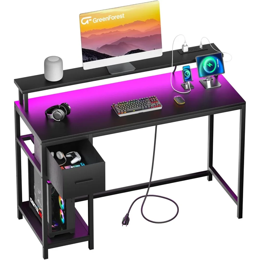 Computer Desk with Drawers 39 inch,Gaming Desk with LED Lights & Power Outlets Small Desk with Monitor Stand