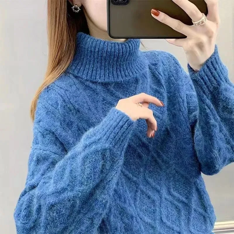 Women\'s Turtleneck Sweater Fall Winter New Loose Warm Knit Pullover Tops Candy Colors Knitwear Jumper Korean Soft Casual Poleras