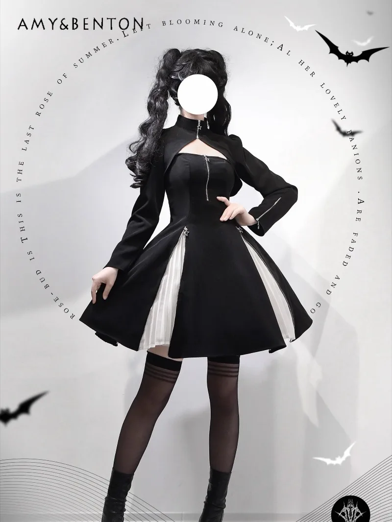 

Japanese Subculture Dark Sweet Cool JSK Dress Sets Lolita Gothic Retro Palace Style Black and White Patchwork Slim Mini Dress