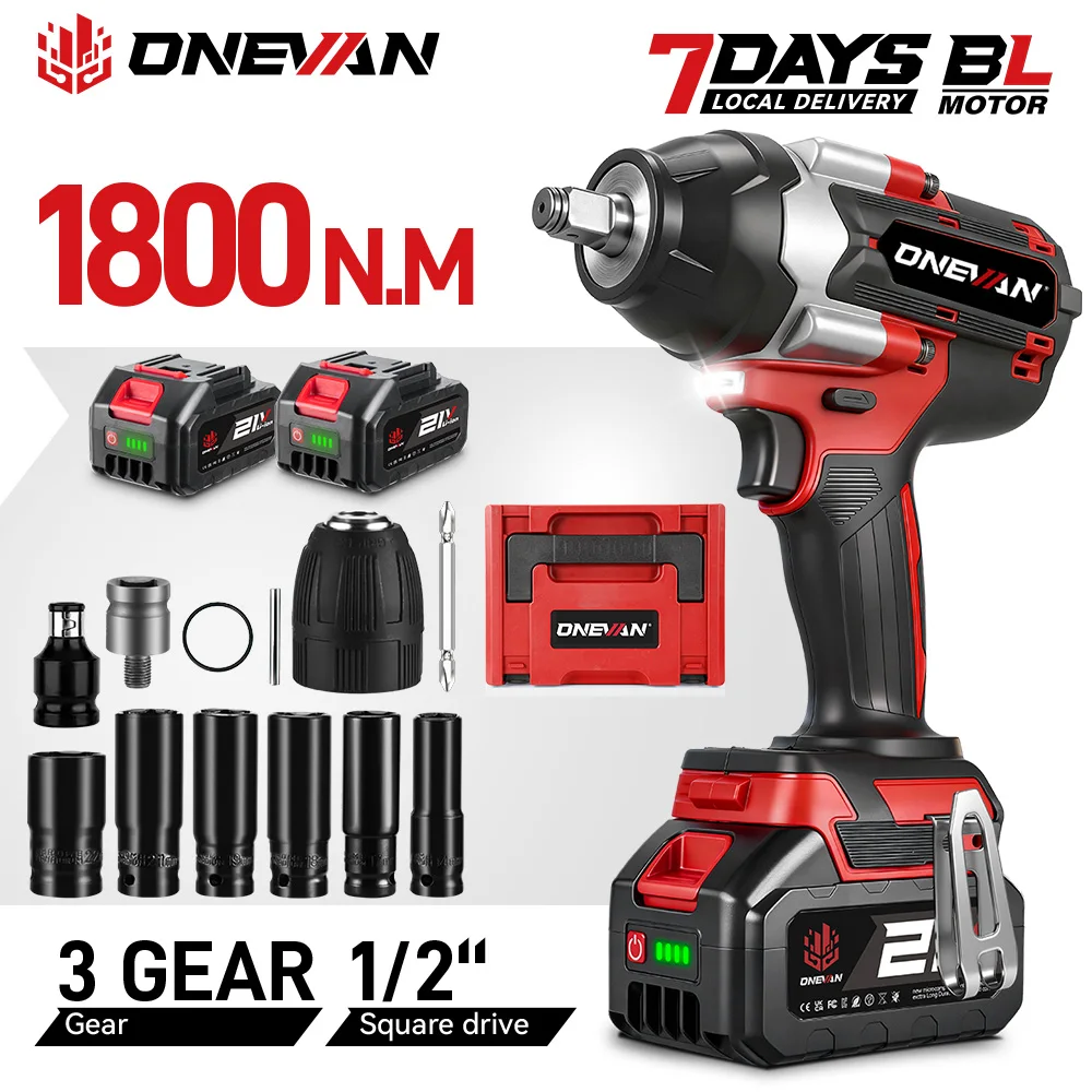 ONEVAN 1/2 Inch 1800N.M Brushless Electric Impact Wrench Cordless Screwdriver Gun Car Repair Power Tool For Makita Battery Pin