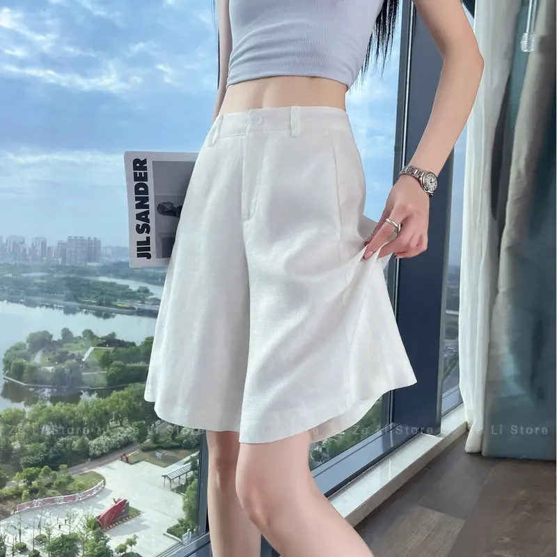 Summer New High Waist Wide Leg A-Line Shorts Casual Pants Women Linen Silk Five-Quarter Length Zipper Pocket Casual Trousers