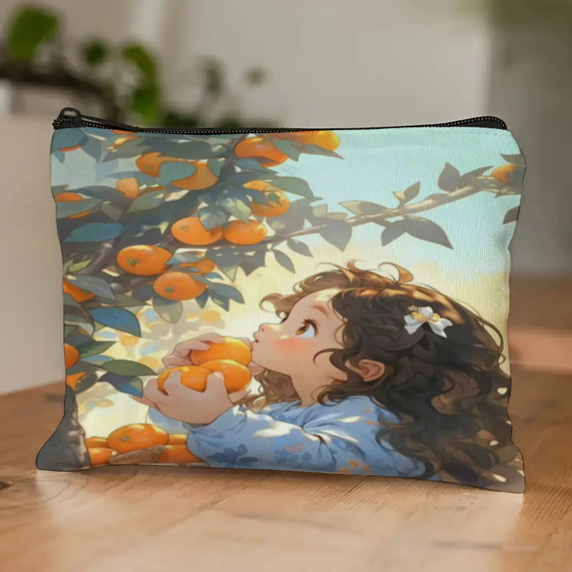حقيبة مكياج أنيقة بسحاب مطبوعة على شكل "فتاة قطف برتقالية" حقيبة مستحضرات تجميل محمولة مع مرآة حقيبة أدوات الزينة للسفر المتينة #5