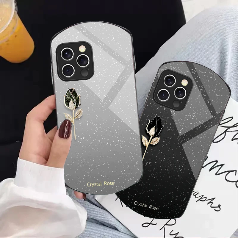 

White Spot Crystal Rose For iPhone 16 15 14 Pro 13 Plus 12 mini 11 13Pro Max XR X S 7 8 6 Elliptical Tempered Glass Phone Case