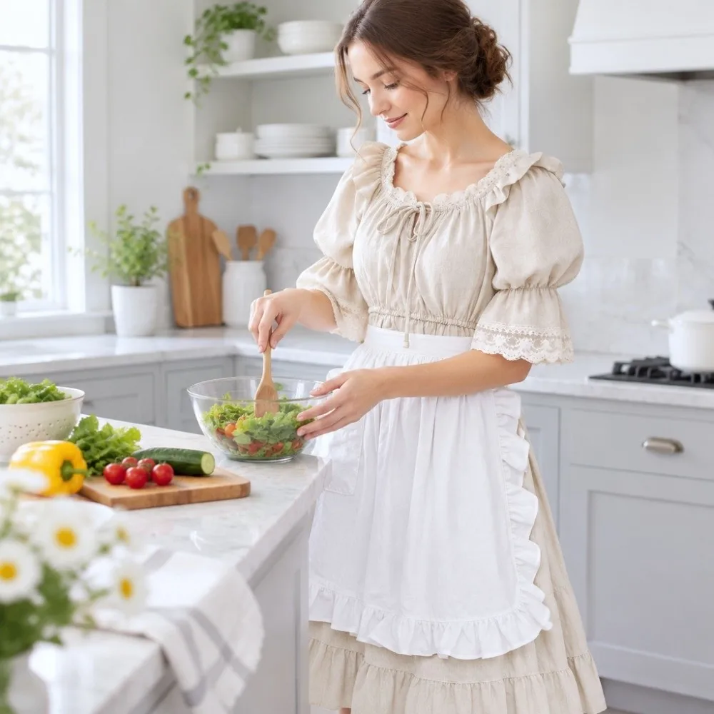 Popular White Half Body Apron Cotton Material with Pocket Work Apron Ruffle Edge Anti Fouling Short Apron For Flower Shop