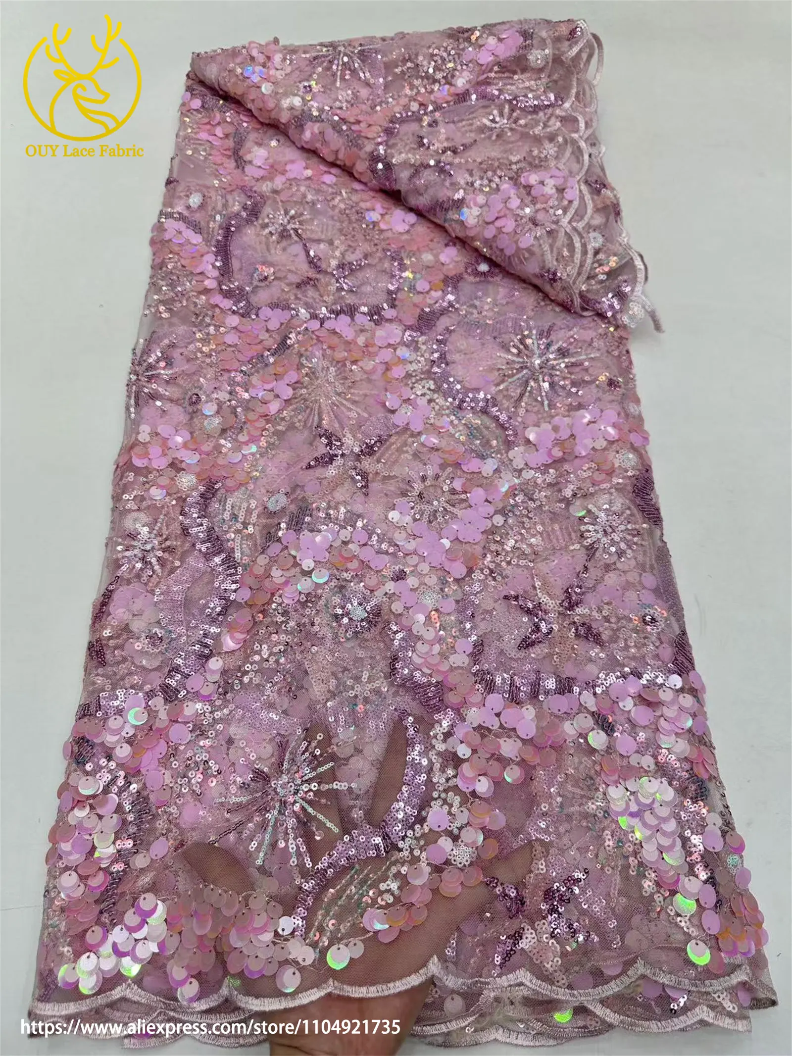 Hochwertiger afrikanischer nigerianischer bunter Pailletten-Stickerei-Spitzenstoff, zartes Kleid, Nähen, Brautparty, Dinnerparty, Hochzeit – Detail 9