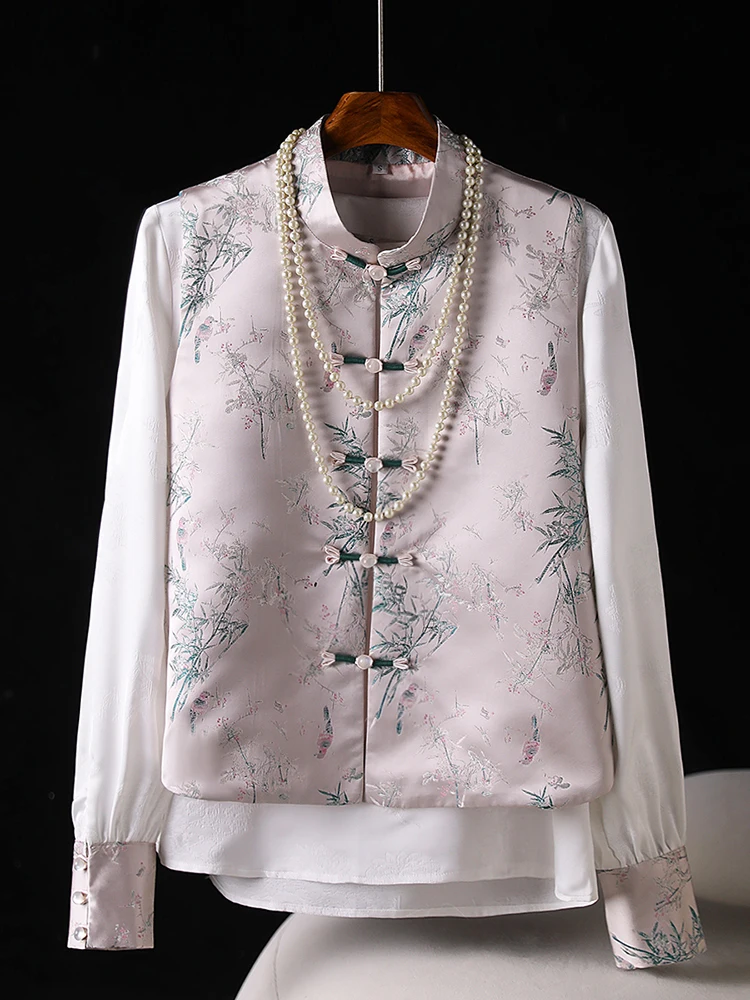 

New Chinese Sle Two-Piece Set Improved Vest Top Beautiful Outerwear irt Base Retro Sle Daily Wear Polyester F...