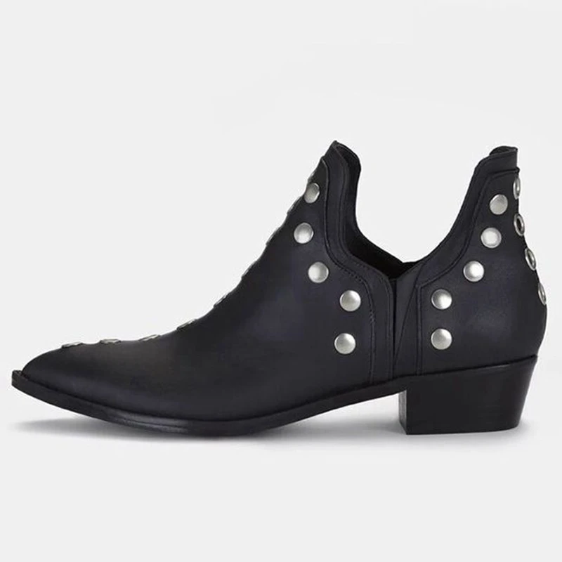 REAVE CAT Office-Lady Ankle Boots Pointed Toe Chunky Heels Rivets Slip-On Big Size 34-43 Black Fashion S3314