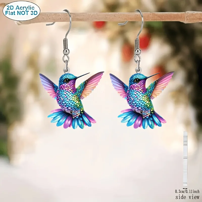 Vibrant Hummingbird Acrylic Dangle Earrings 2D Flat Colorful Bird Drop Earrings Women Bohemian Fashion Jewelry Party Daily Gift
