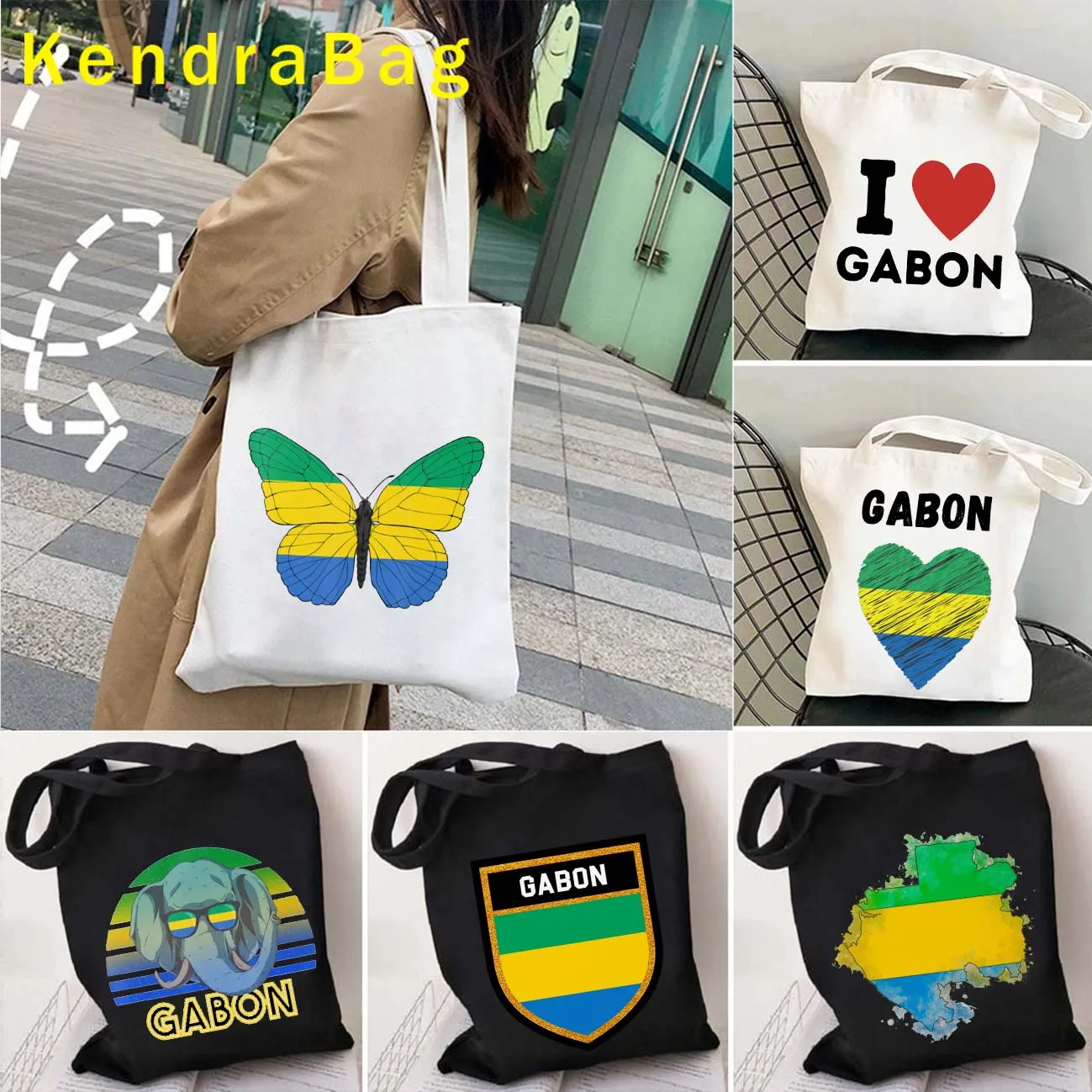 Gabon Country Map Flag National Coat Of Arms Heart Gabonese Flag Gift Women Canvas Shoulder Tote Bag Shopper Cute Cotton Handbag