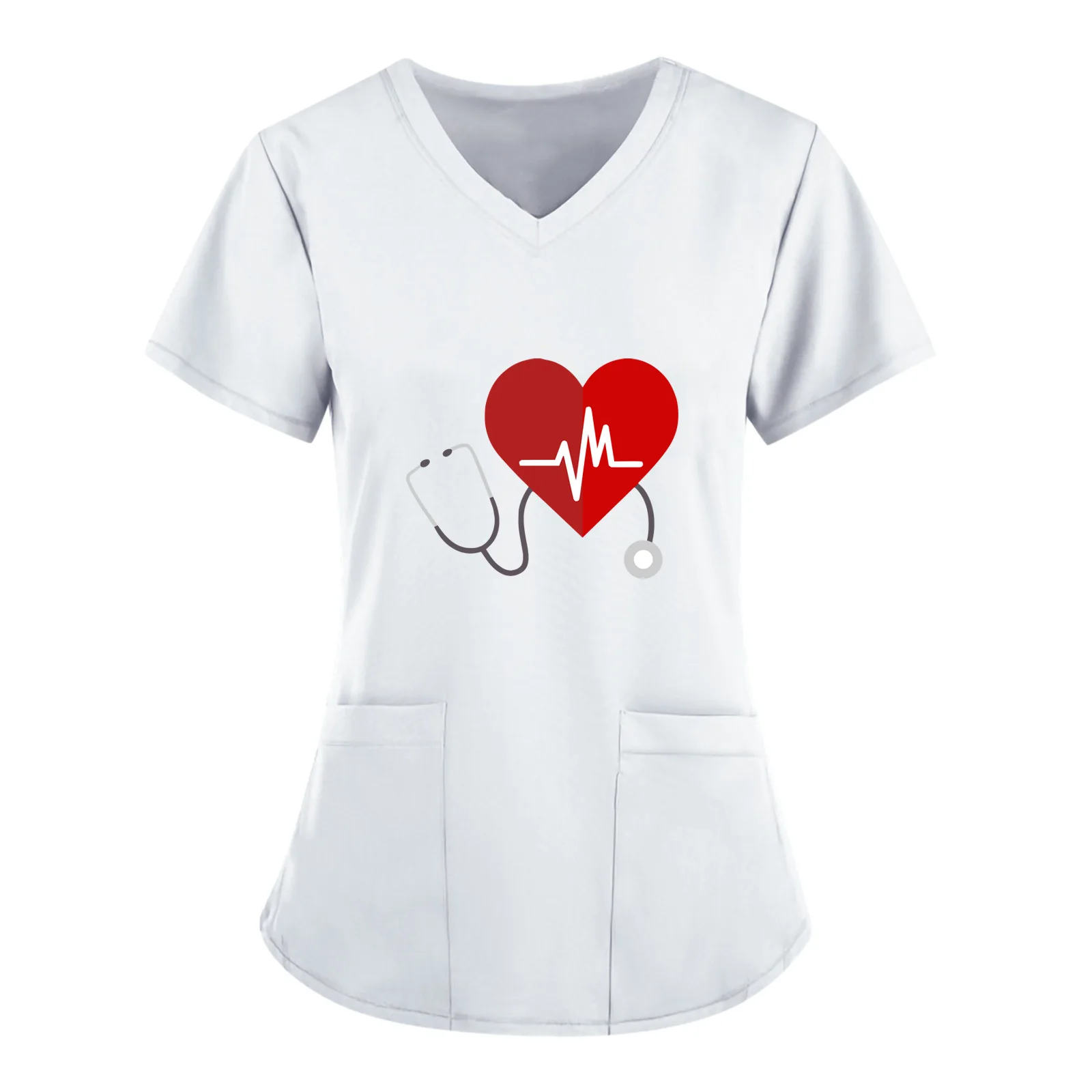 

Women's Working Uniform Heart Print Pet Grooming Nurse Uniform Women Short Sleeve Spa V-neck Scrub Tops Healthcare Carer Tunic