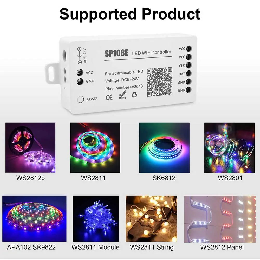 SP108E واي فاي SPI بكسل LED تحكم DC5-24V ل WS2812B WS2811 WS2815 عنونة بكسل LED قطاع أضواء ماكس 2048 بكسل