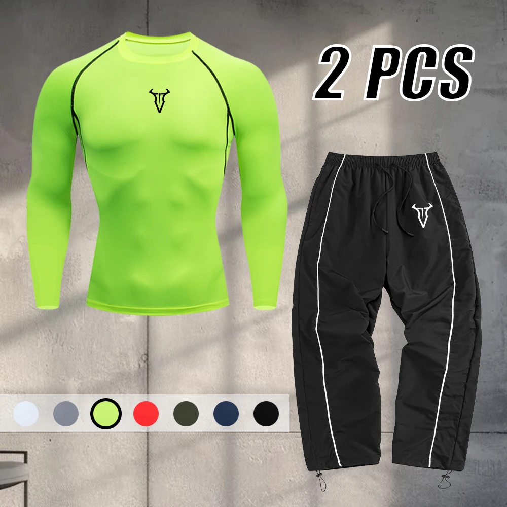 Conjunto Deportivo Casual de 2 Piezas para Hombre, de Secado Rápido, con Camiseta de Manga Larga y Pantalones, Estampado Simple de Cabeza de Toro, para Fitness y Running Diario