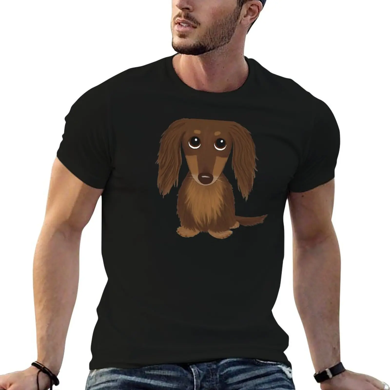 

Longhaired Chocolate Brown Dachshund Cartoon Dog T-Shirt man graphic t shirt man t shirt heavy cotton T-Shirt