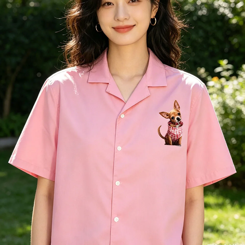 TV  Ellee Dog Design Graphic Shirt Fashion Pink Short Sleeve Button-down Chemise Summer Loose Casual Men Women Clothing Camisa