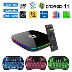 Q plus HD 스마트 비디오 미디어 플레이어, 안드로이드 11, 올위너 H6, 쿼드 코어, H.265, USB3.0, 2.4G, 6K, 24 시간 TV 전송, 8GB, 128GB