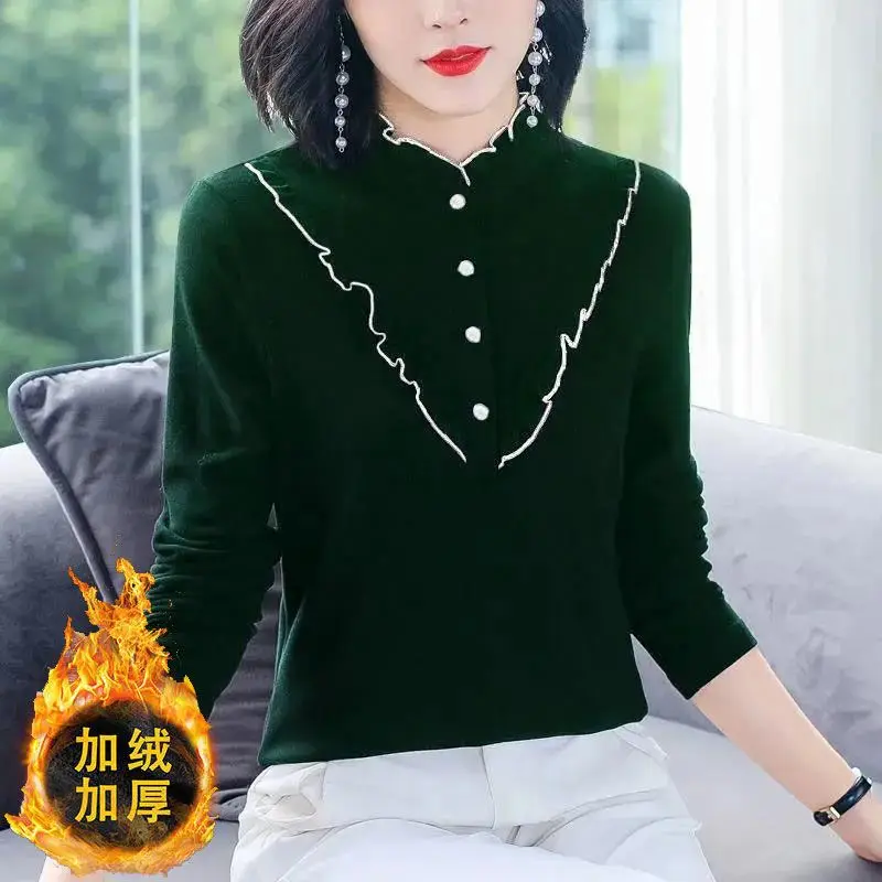 

Mock Neck Thick Fleece Bottoming Shirt Autumn Winter Simplicity Solid Color Long Sleeve T-Shirt All-match Warm Casual Tops XQ69