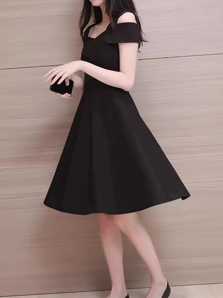 Ele Summer Bla Slimming One oulder Dr Women's Casual Sle Midi Skirt Polyester Blend Comfortable Fit A-Line Dr