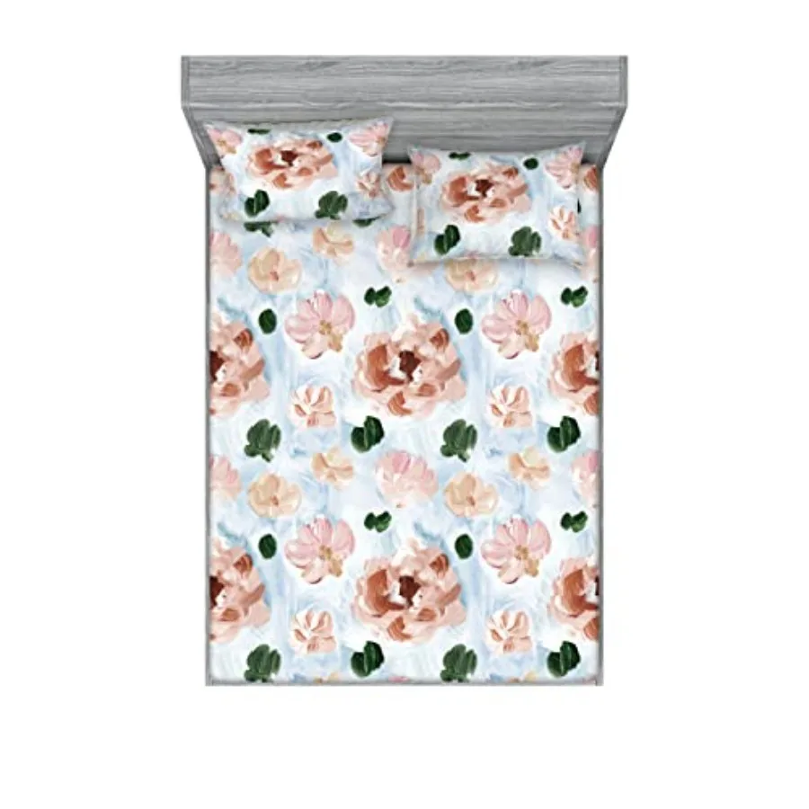 

Floral Fitted Sheet and Pillow Sham Set, Oil Painting Style Pastel Wild Rose Inspired Ornaments Print Artwork, Decorative Print