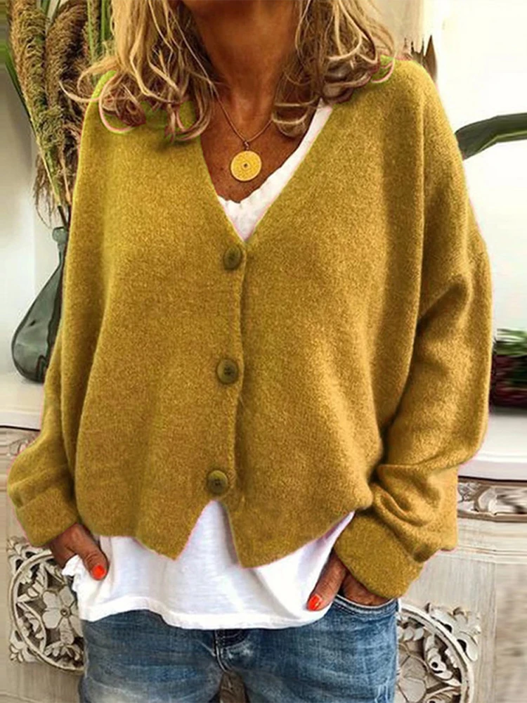 Women's Knitted Cardigan Sweater Solid Color Long Sleeved V-neck Single Breasted Buckle Short Top Autumn Winter American Vintage