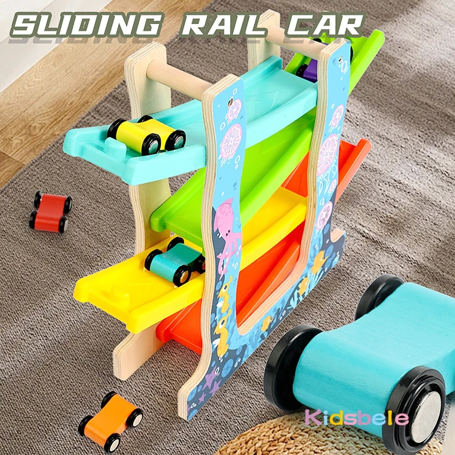 Montessori Multicolor 4-Track Car Ramp Toy with 6 Mini Cars Christmas Gift Party Presents Toddlers Wooden Fine Motor Puzzle Toy