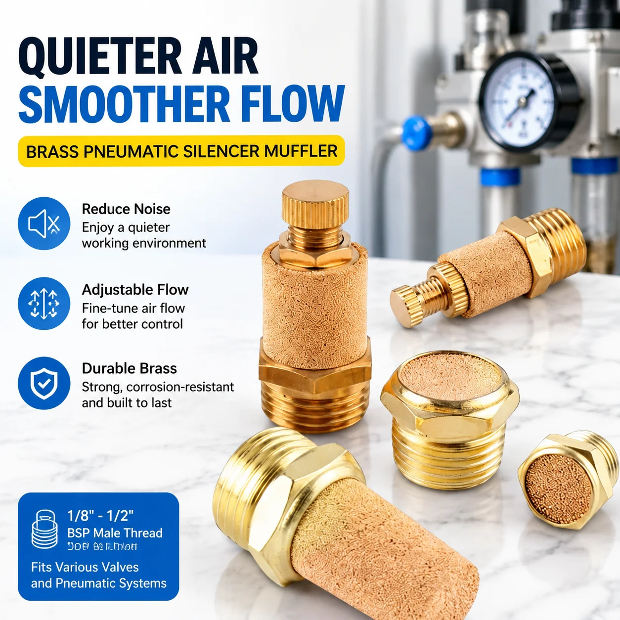 Brass Pneumatic Silencer Exhaust Muffler Adjustable Air Flow Control 1/8