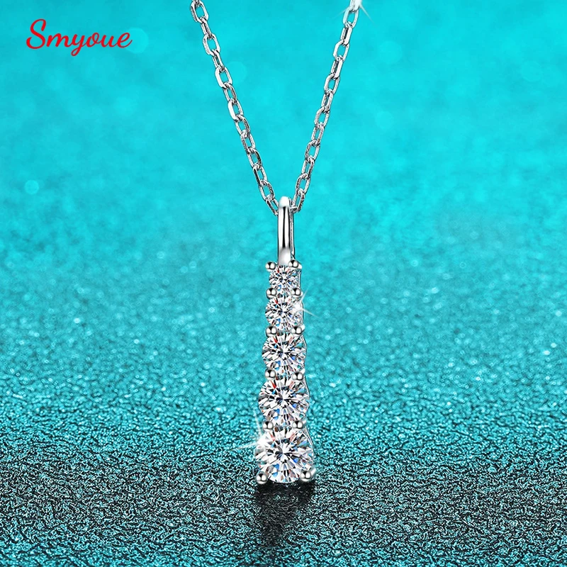 Smyoue 0.7cttw Gradient Full Moissanite Necklace for Women 5 Gemstone 100% 925 Sterling Silver Sparkling Wedding Party Pendant