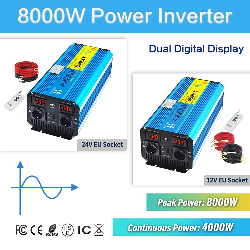 8000W Pure Sine Wave Inverter DC 12V/24V TO AC 110V/220V Car Power Adapter Dual Digital Display US/EU/Universal Socket Converter