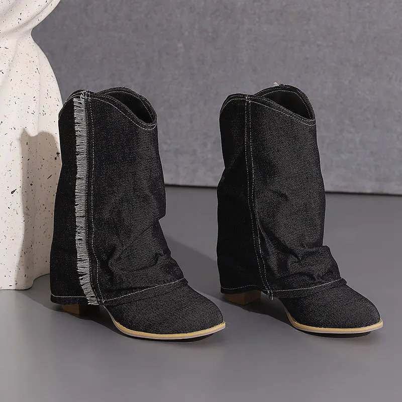 REAVE CAT السيدات أحذية النساء منتصف العجل الأحذية أشار تو 5.5 سنتيمتر كعب الانزلاق على قطيع الجلد المدبوغ ديكور أحذية الركبة غير رسمية حجم كبير 42 43