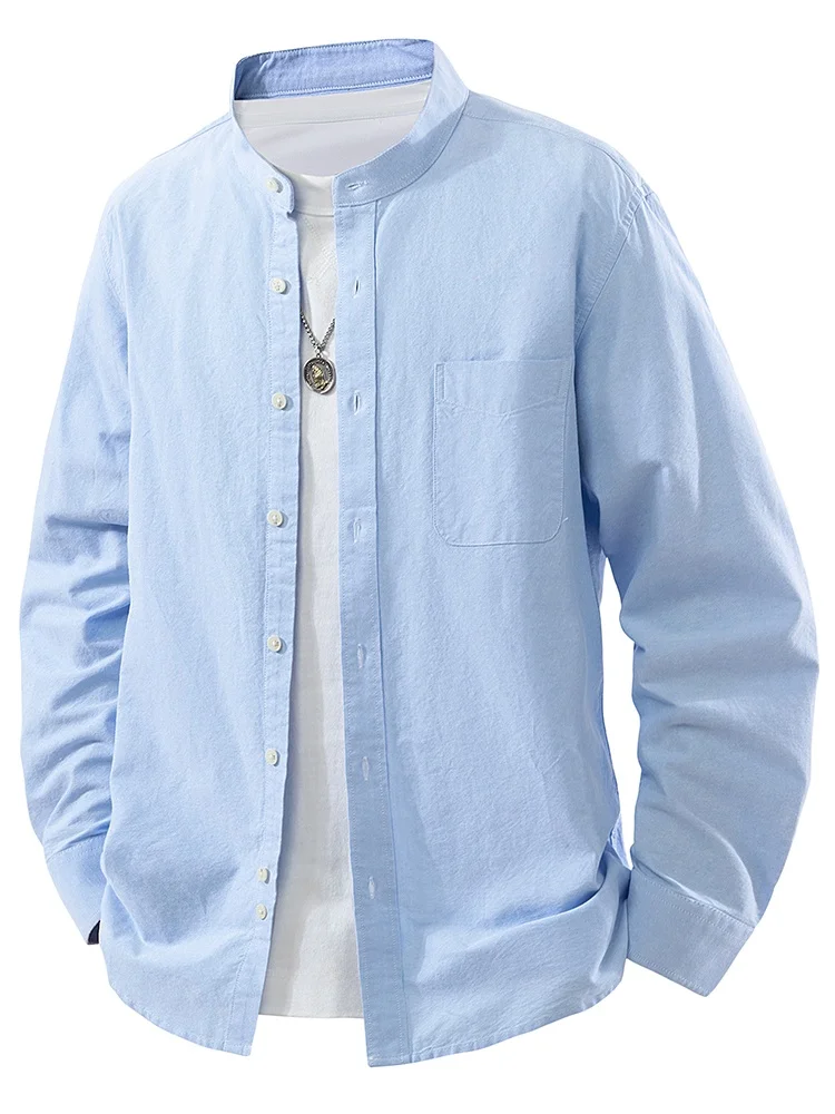 

New Men's Casual Long Sve irt Stand Collar Loose Busin Casual Cotton T-irt Faionable Spring Autumn Wear for Youth