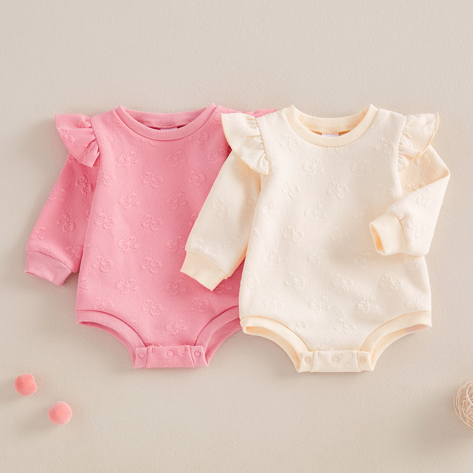 

Sweety Baby Girl Sweatshirt Romper Bow Jacquard Ruffle Trim Crew Neck Long Sleeve Bodysuits Jumpsuit for Winter Fall