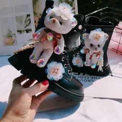 Bling Fashion Cartoon Bear Princess Chelsea Ankle Boots Children Rhinestones High Tops Autumn Winter Plush Baby Girls' Shoes