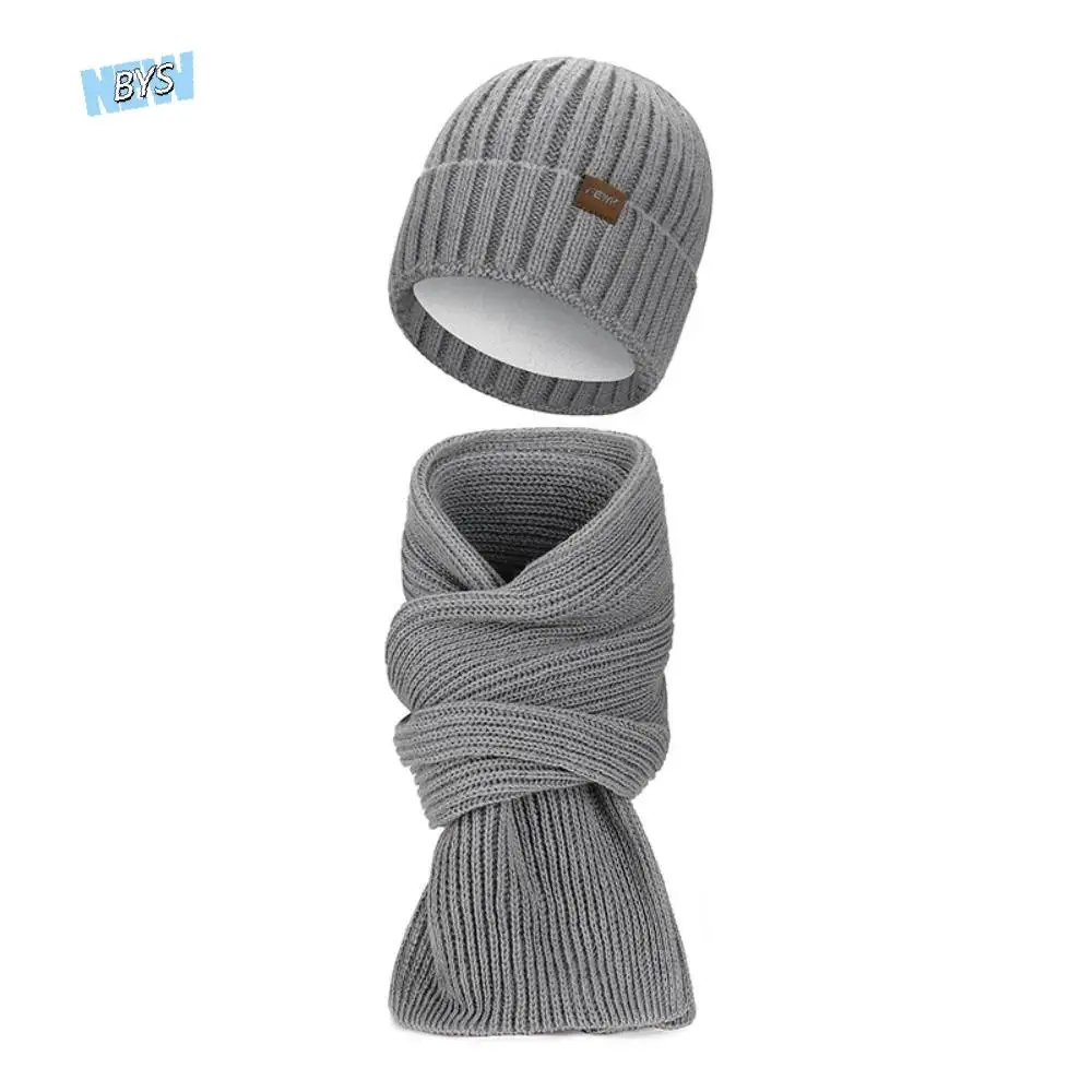 

2Pcs Set Trendy Windproof Knitted Hat Scarf Plush Thicken Men's Hat Soft Simple Warm Scarf Winter Autumn