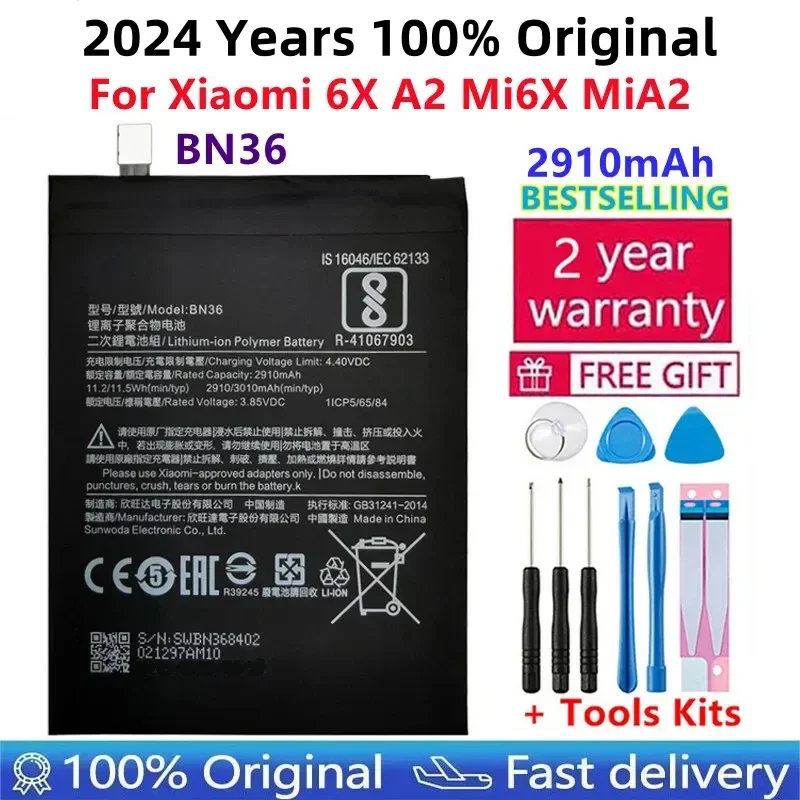 2024 Years 100% Orginal Xiao Mi BN36 2910mAh Battery For Xiaomi 6X A2 Mi6X MiA2 M6X MA2 High Quality Phone Replacement+Tools