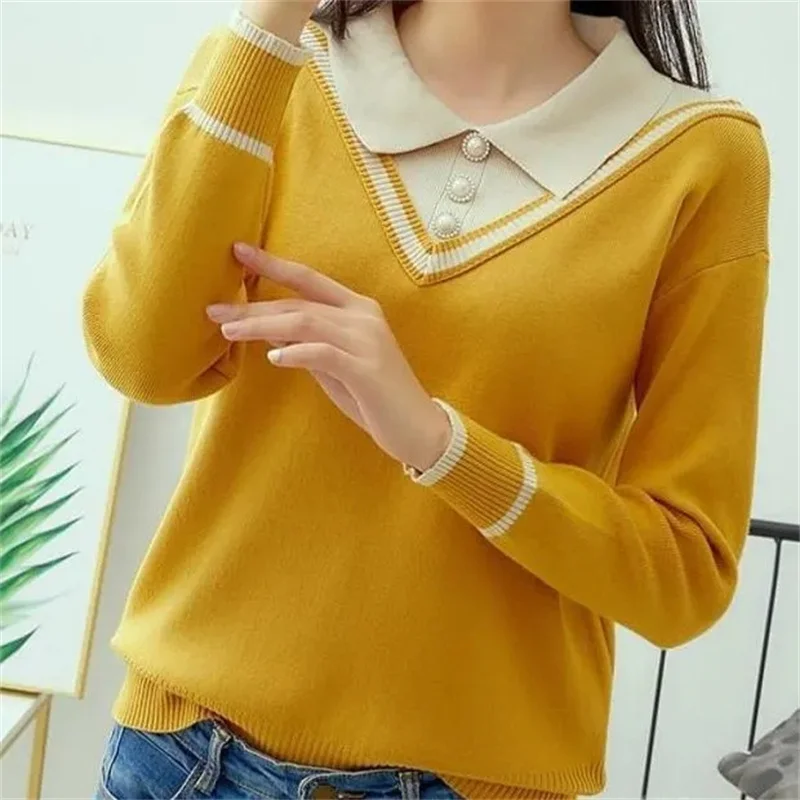 Spring Fall Women\'s Fashion Lapel Sweater Long-Sleeved Casual Loose Wild Knitted Pullovers Female Knitwear Tops Jumper Full Y657