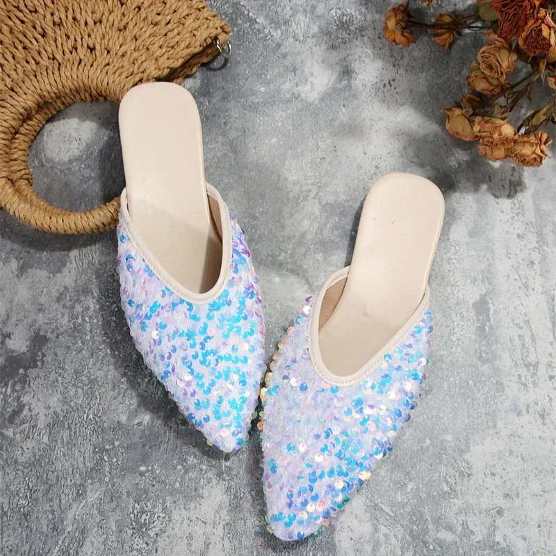 2024 New Summer Style Fashionable, Comfortable, Casual and Versatile Flat-soled Sequined Wear-resistant Slippers and Sandals