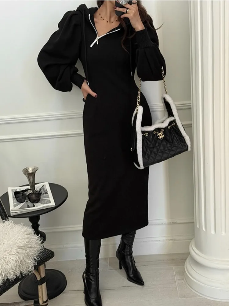 

Chic Hooded Sweatshirt Dress Women's Elegant Versatile Slimming Long Dress Autumn Winter New Design Korean Style Warm Dress