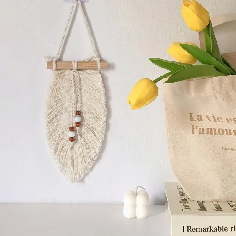 Nordic Style Handcrafted Foliage Tapestry Natural Wood Bead and Elegant Fringe Bohemian Inspired Wall Accent for Home Decoration