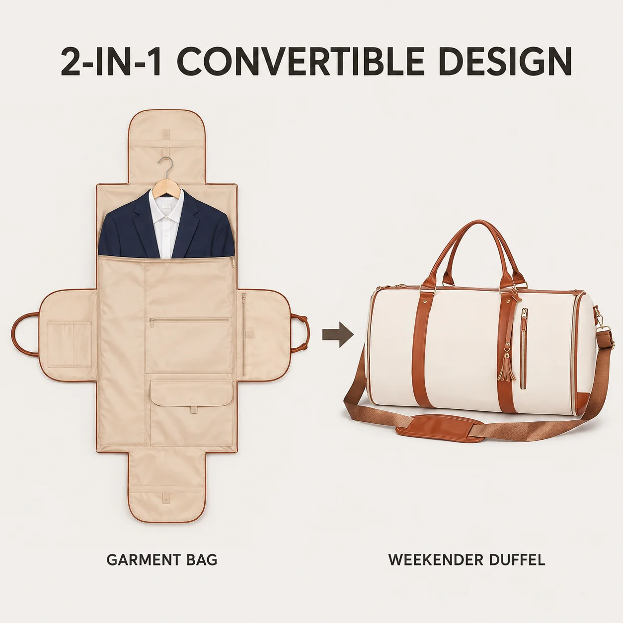 2 in 1 Convertible Garment Duffel Bag for Men, Carry On Weekender Travel Bag for Suits Business Trips Weddings Overnight