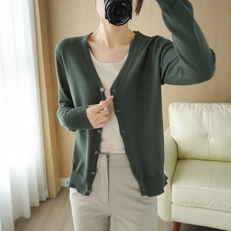 

Женский кардиган на зиму и осень, однобортный однобортный хлопковый свитер с v-образным вырезом и длинными рукавами, корейский модный универсальный джемпер