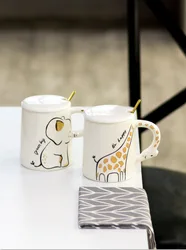 420ml Elephant Giraffe Ceramic Water Cup Couple Home Office Milk Tea Cup with Lid Spoon Color Box Gift