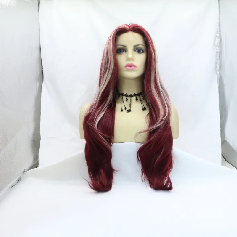 

European and American style women's long curly wig, red highlights, 613 color, middle parting, high-temperature synthetic fiber,