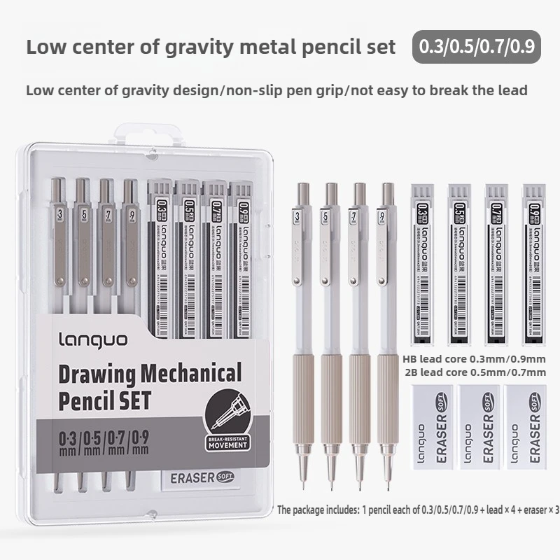 LANGUO Tekening Metalen Mechanische Potloodset Met Gum en Vulling voor Schrijven, Kunst, Schetsen, Zachte Grip, Schoolkantoorbenodigdheden