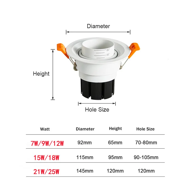 Dimmable LED Embedded Zoom 15-60 Degrees COB Downlight 7W 12W 15W 18W 21W 25W Ceiling Lamp Spot Light AC90-260V Indoor Lighting