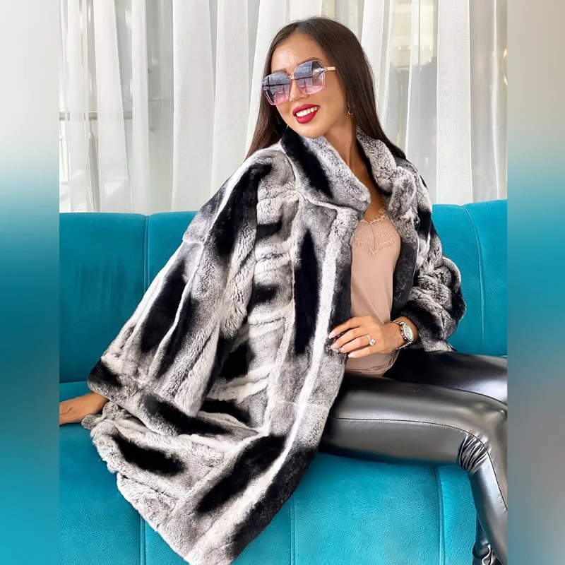 

Genuine Chinchilla Fur Jacket Women Casual Fashion New Luxury Outertwear Contrast Color Natural Rex Rabbit Fur Coat Female