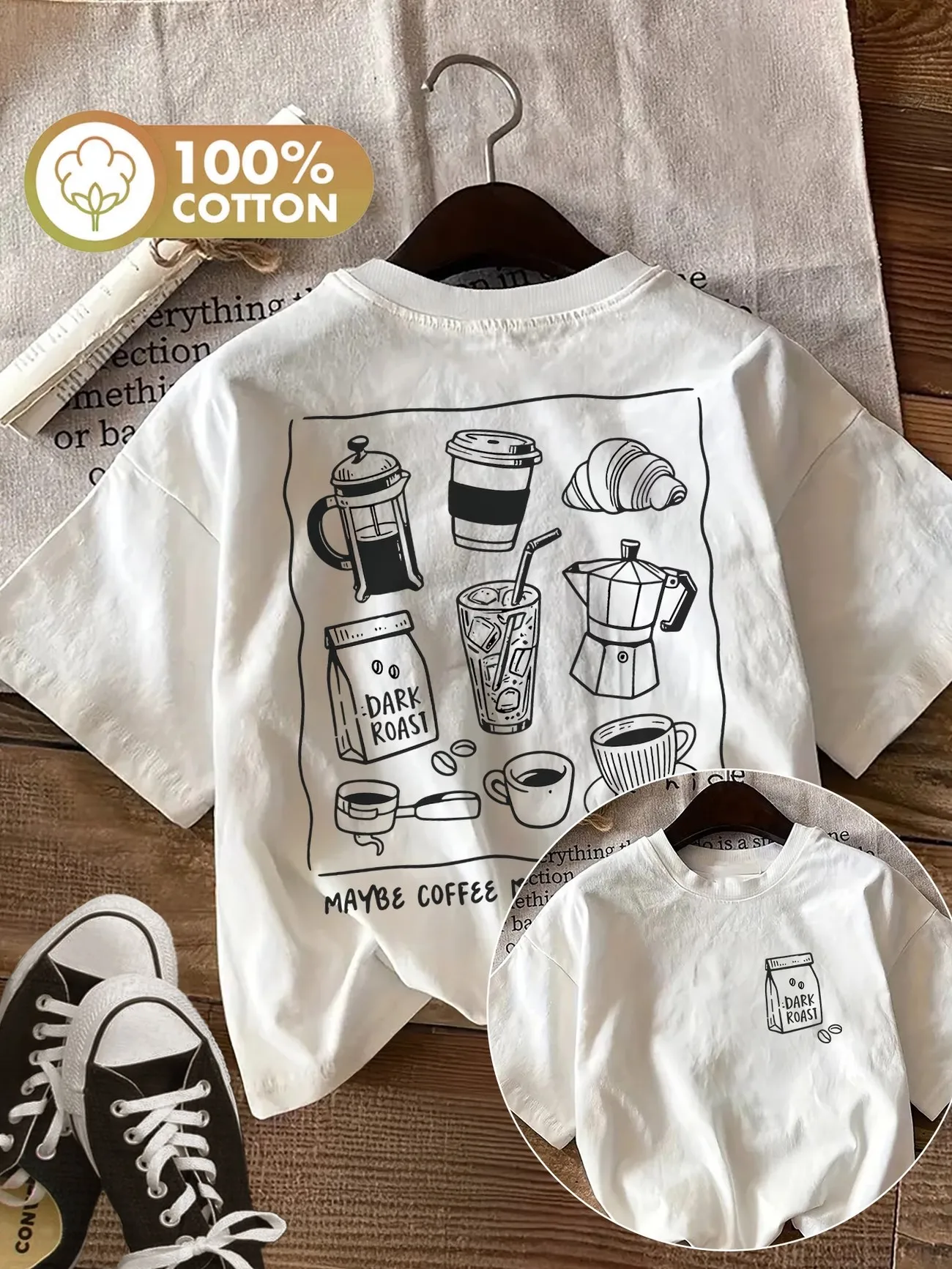 Retro Vintage Coffee 100% Cotton Women's Coffee Lover Print T-Shirt Soft Crew Neck Short Sleeve Top Chic Harajuku Top Tee