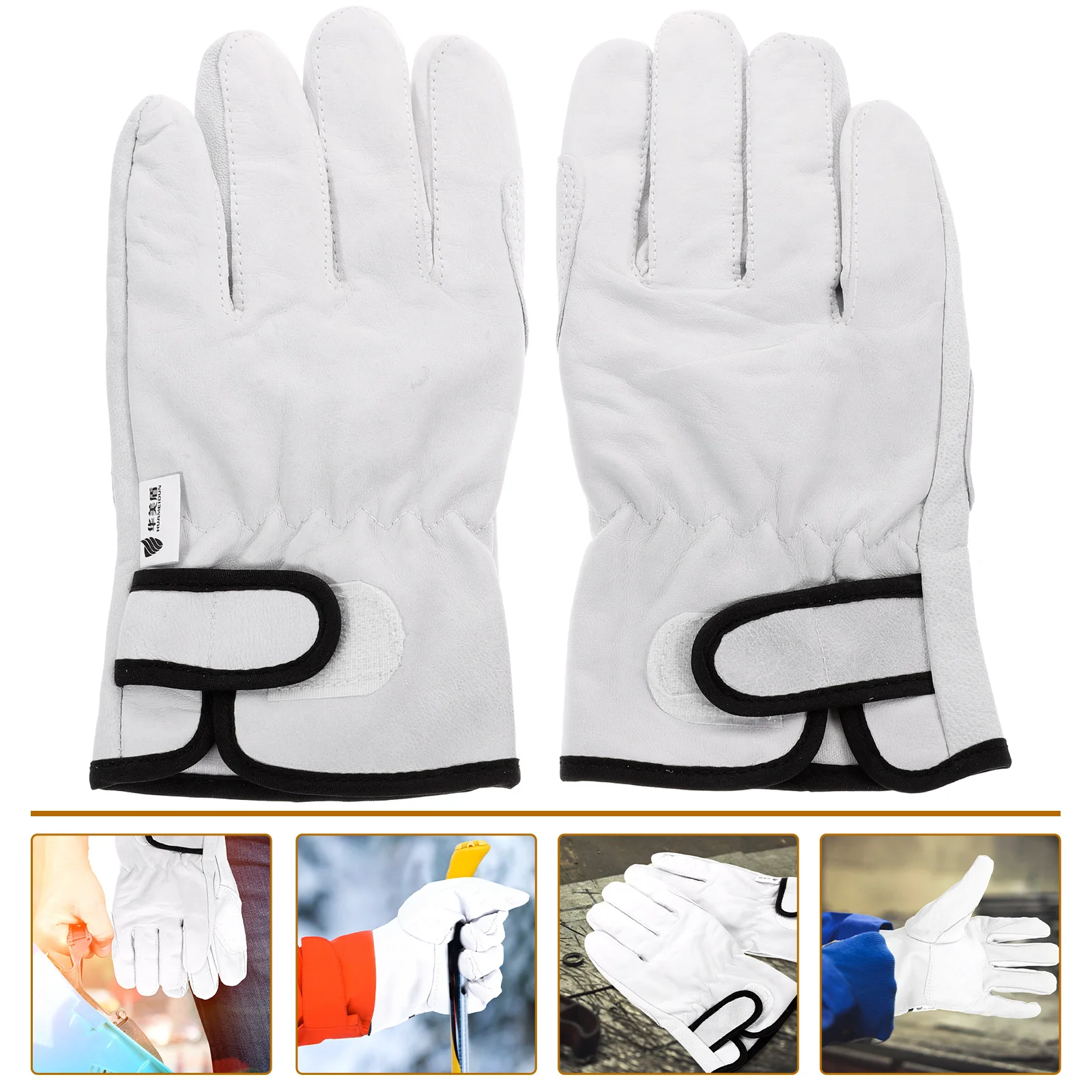 

1 Pair Short Gloves Heat Resistant Welding Gloves Adjustable Hook Loop Sleeve Cotton Lining White Insulated Protective