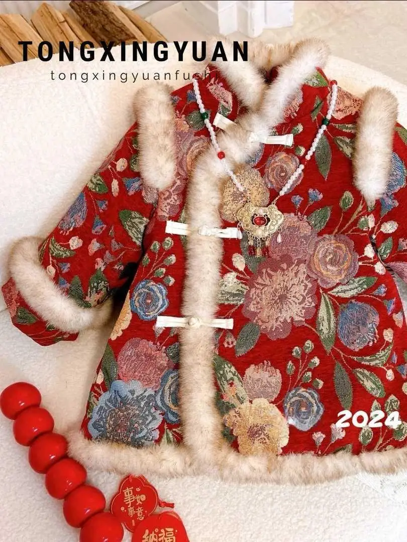 

Зимняя одежда Thiened Fce для девочек, теплая вышитая праздничная новогодняя детская новогодняя красная праздничная вышивка...