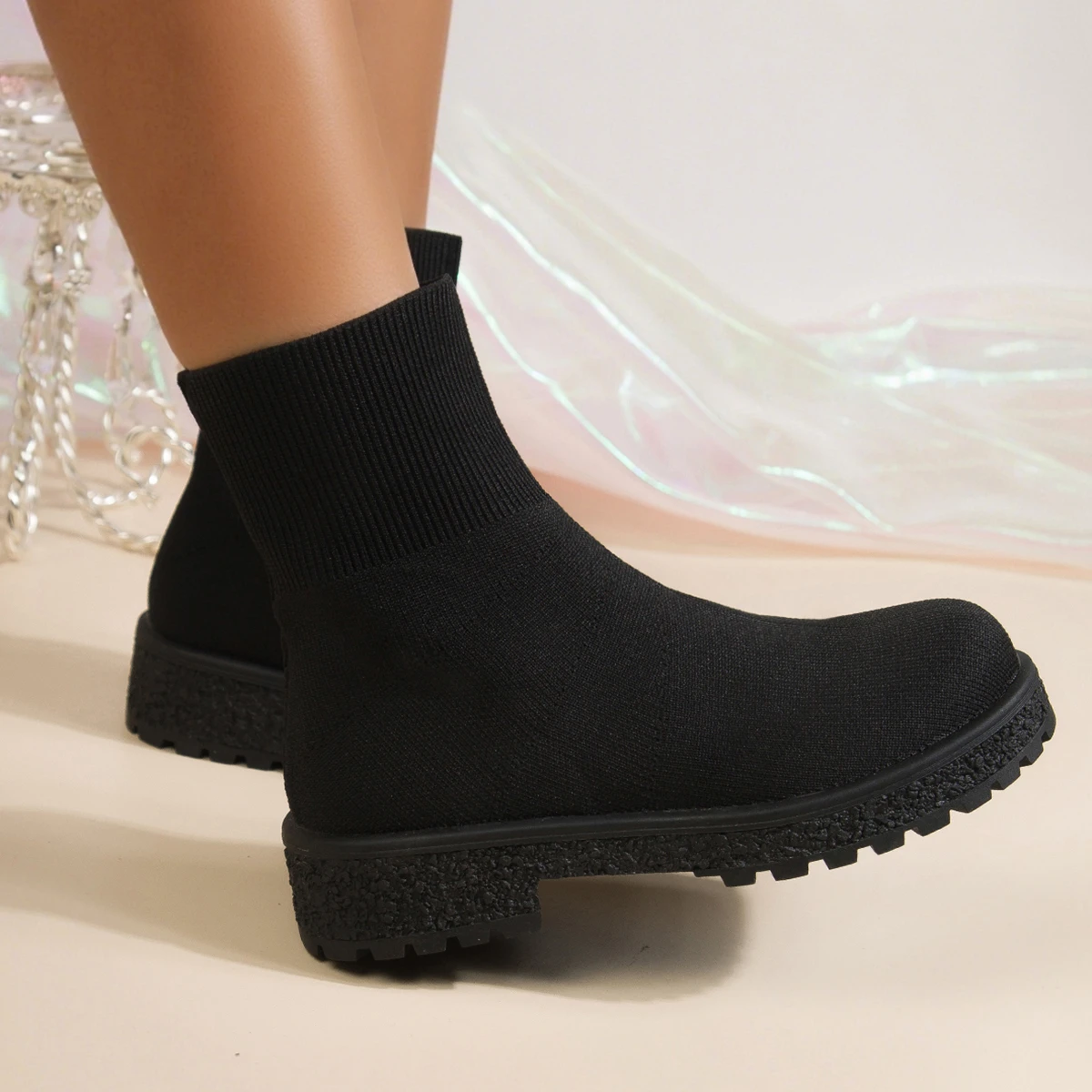 Mesh-Damen-Stiefeletten, modische Sockenstiefel, bequeme, atmungsaktive Slip-on-Damenstiefel, hohe Stiefel mit dicken Sohlen – Detail 2