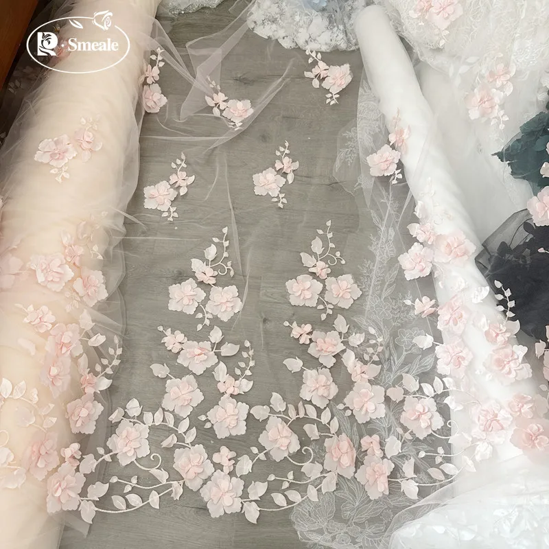 3D Flower Laser Satin Cloth, Lace Wedding Dress, DIY Accessories, Black Fabric, Hand Applique, Mesh Fabric, RS2937